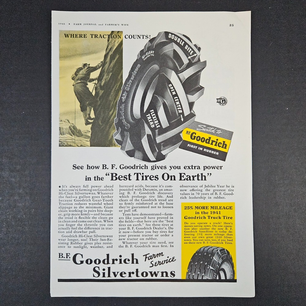 1941‎ BF Goodrich Silvertowns Farm Service Tractor Truck Tires Vintage Print Ad